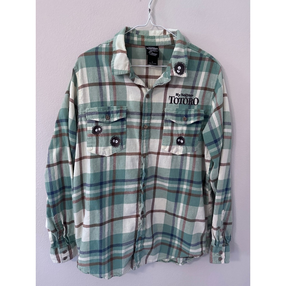 Our Universe Totoro Flannel Shirt Large Green Plaid Soot Sprite BoxLunch button